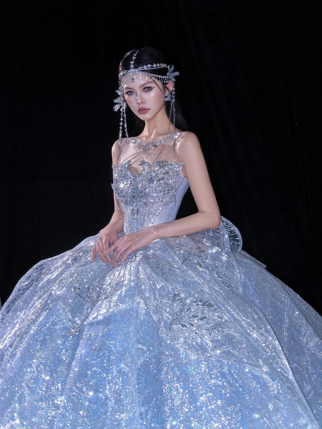 Beautiful Ball Gown Off-the-Shoulder Silver Evening Dress Beaded Lace Prom Dress TH331