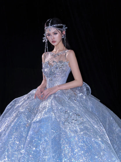 Beautiful Ball Gown Off-the-Shoulder Silver Evening Dress Beaded Lace Prom Dress TH331