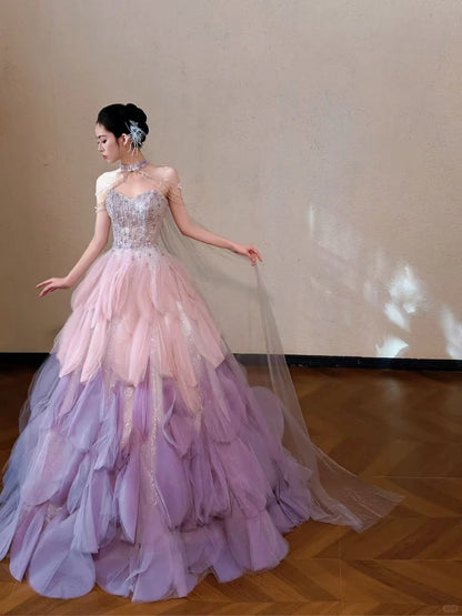 Beautiful A-line Off-the-Shoulder Pink Evening Dress Beaded Tulle Prom Dress TH332