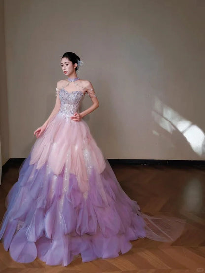 Beautiful A-line Off-the-Shoulder Pink Evening Dress Beaded Tulle Prom Dress TH332