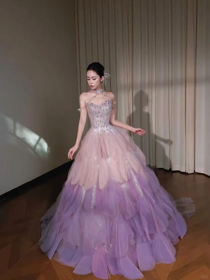 Beautiful A-line Off-the-Shoulder Pink Evening Dress Beaded Tulle Prom Dress TH332