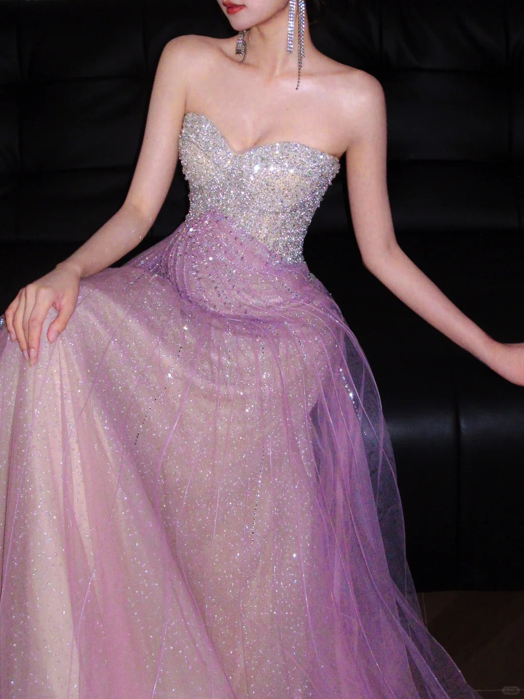 Beautiful A-line Off-the-Shoulder Pink Evening Dress Sequins Tulle Prom Dress TH333