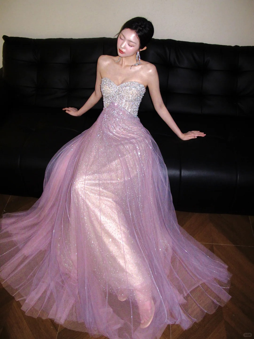 Beautiful A-line Off-the-Shoulder Pink Evening Dress Sequins Tulle Prom Dress TH333