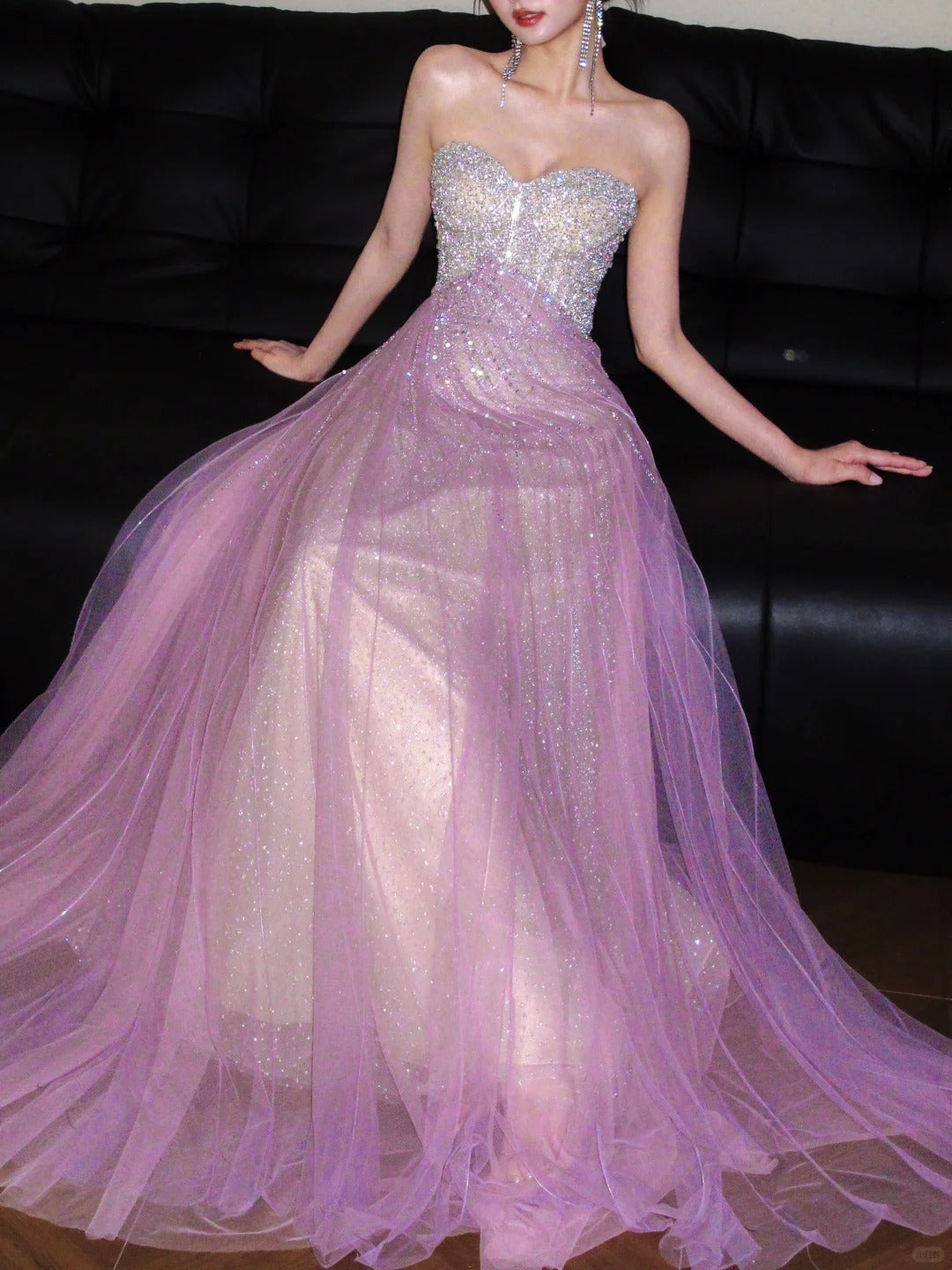 Beautiful A-line Off-the-Shoulder Pink Evening Dress Sequins Tulle Prom Dress TH333