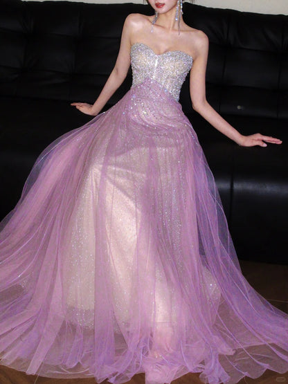Beautiful A-line Off-the-Shoulder Pink Evening Dress Sequins Tulle Prom Dress TH333