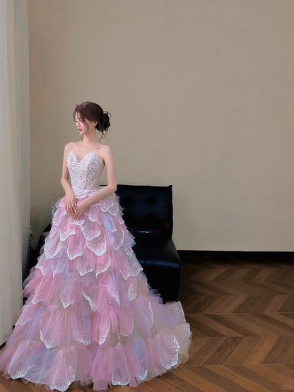 Beautiful A-line Sweetheart Pink Cascade Evening Dress Beaded Tulle Prom Dress TH334