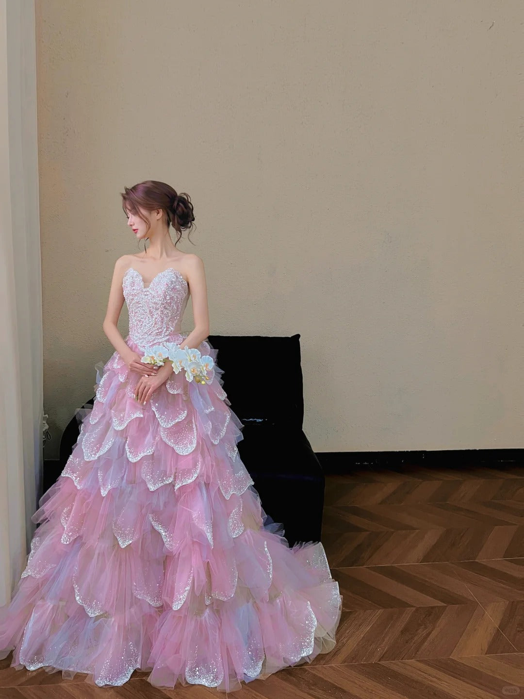 Beautiful A-line Sweetheart Pink Cascade Evening Dress Beaded Tulle Prom Dress TH334