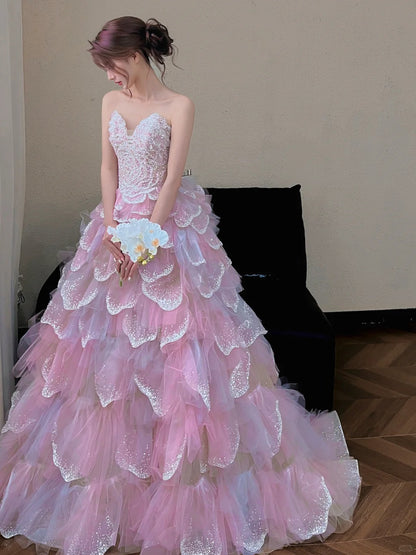 Beautiful A-line Sweetheart Pink Cascade Evening Dress Beaded Tulle Prom Dress TH334