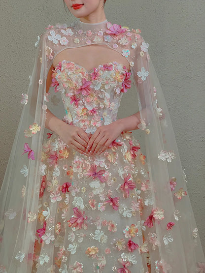 Beautiful A-line Sweetheart White Evening Dress 3D fabric appliqué Tulle Prom Dress TH335