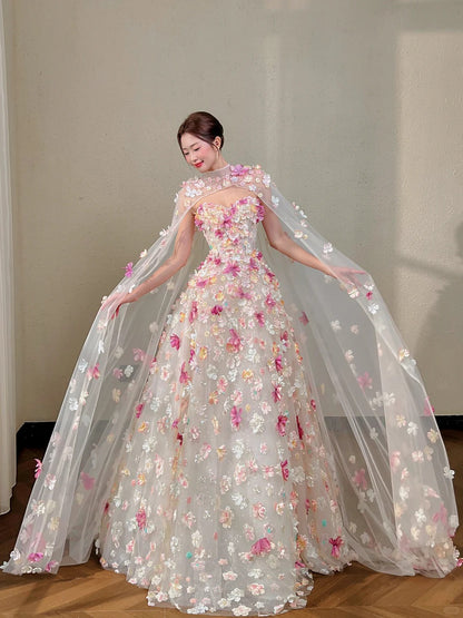Beautiful A-line Sweetheart White Evening Dress 3D fabric appliqué Tulle Prom Dress TH335