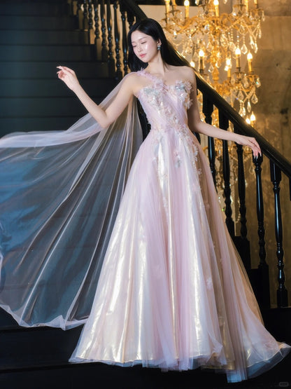 Beautiful A-line One-the-Shoulder White Evening Dress 3D fabric appliqué Tulle Prom Dress TH336
