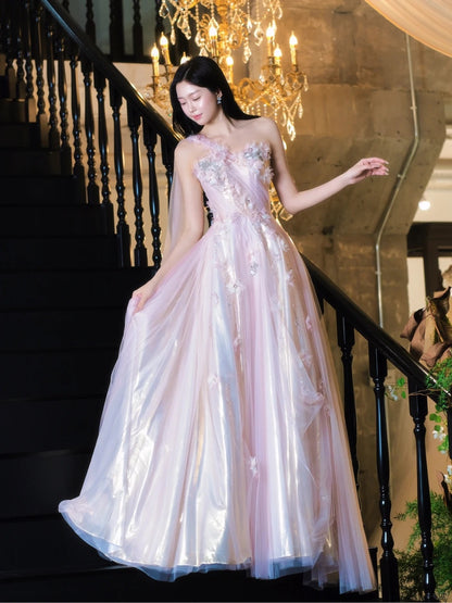 Beautiful A-line One-the-Shoulder White Evening Dress 3D fabric appliqué Tulle Prom Dress TH336