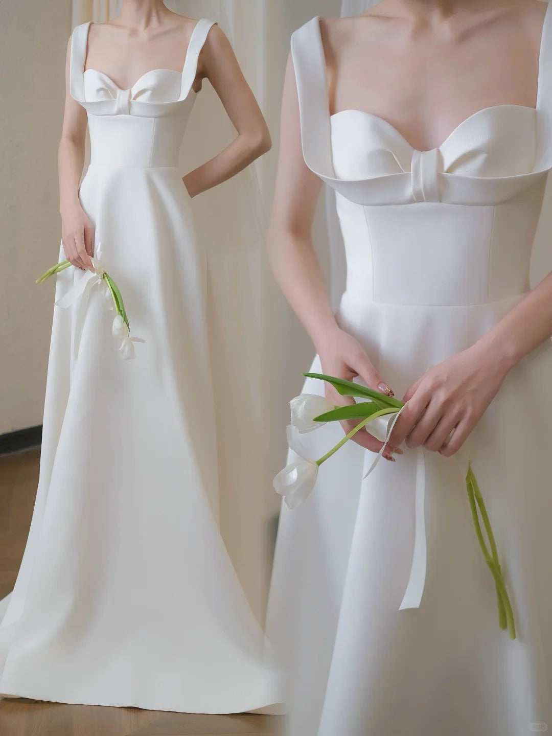 Elegant A-line Square Neck  Long Wedding Dress Satin White Prom Dress TH337