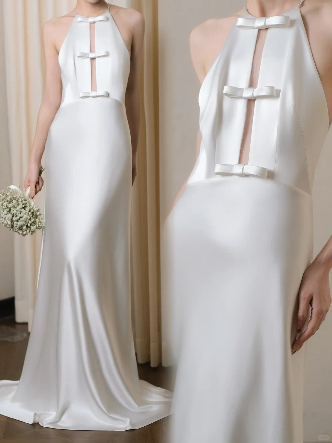 Elegant A-line Halter Neck  Long Wedding Dress Satin White Prom Dress TH338