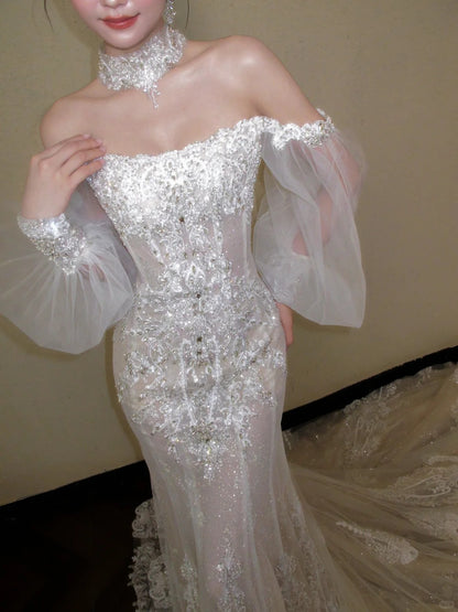 Elegant Mermaid Off-the-Shoulder Long Wedding Dress Beaded Embroidered Tulle White Prom Dress TH340