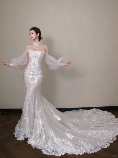 Elegant Mermaid Off-the-Shoulder Long Wedding Dress Beaded Embroidered Tulle White Prom Dress TH340