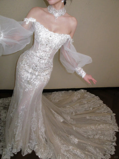 Elegant Mermaid Off-the-Shoulder Long Wedding Dress Beaded Embroidered Tulle White Prom Dress TH340