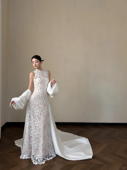 Elegant Sheath Halter Neck Long Wedding Dress Lace White Prom Dress TH342