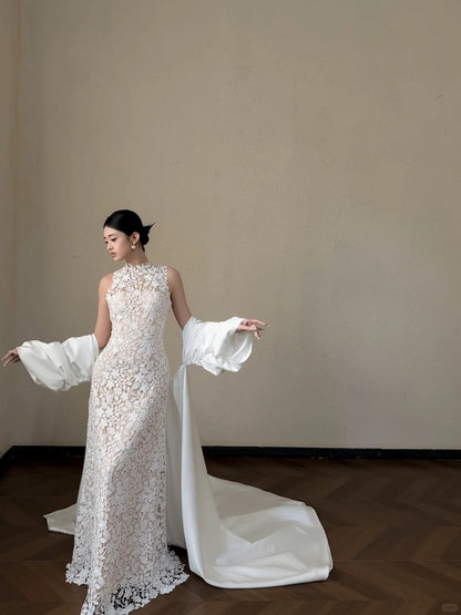 Elegant Sheath Halter Neck Long Wedding Dress Lace White Prom Dress TH342
