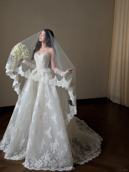 Elegant A-line Sweetheart Long Wedding Dress Lace White Prom Dress TH344
