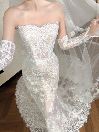 Elegant Mermaid Strapless Long Wedding Dress Lace White Prom Dress TH345