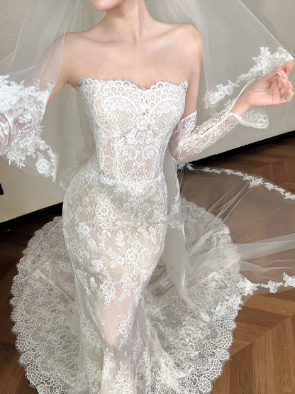 Elegant Mermaid Strapless Long Wedding Dress Lace White Prom Dress TH345