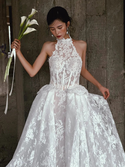 Elegant A-line Halter Neck Long Wedding Dress Lace White Prom Dress TH346