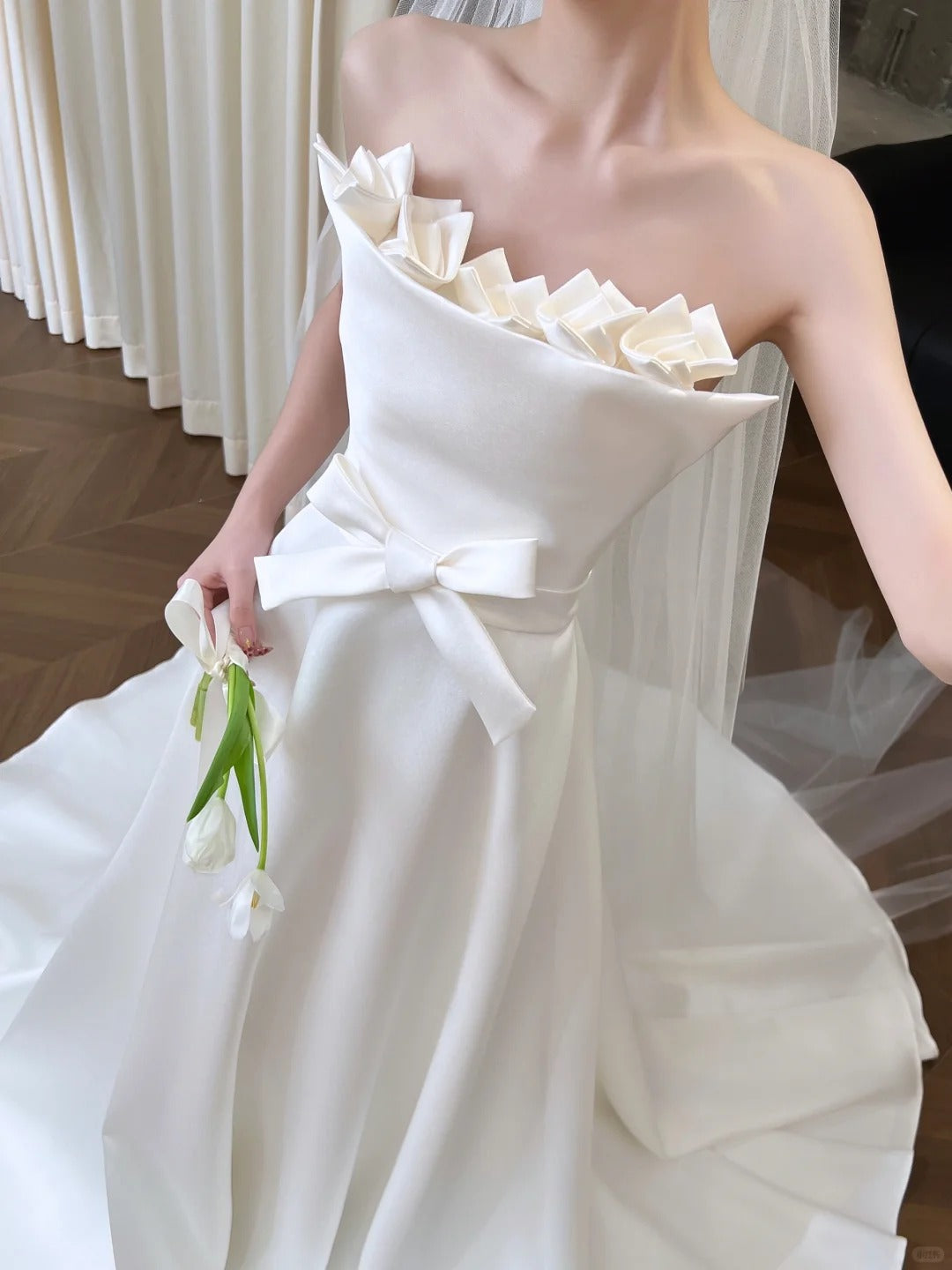 Elegant A-line Off-the-Shoulder Long Wedding Dress Satin White Prom Dress TH347