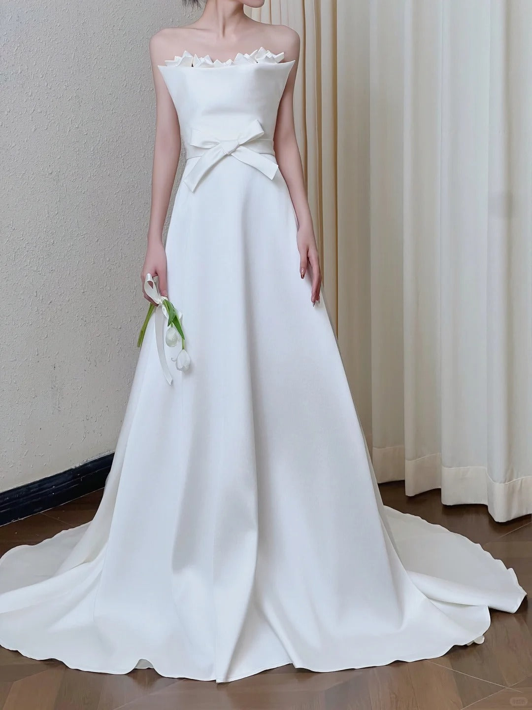 Elegant A-line Off-the-Shoulder Long Wedding Dress Satin White Prom Dress TH347