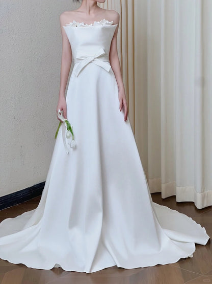 Elegant A-line Off-the-Shoulder Long Wedding Dress Satin White Prom Dress TH347