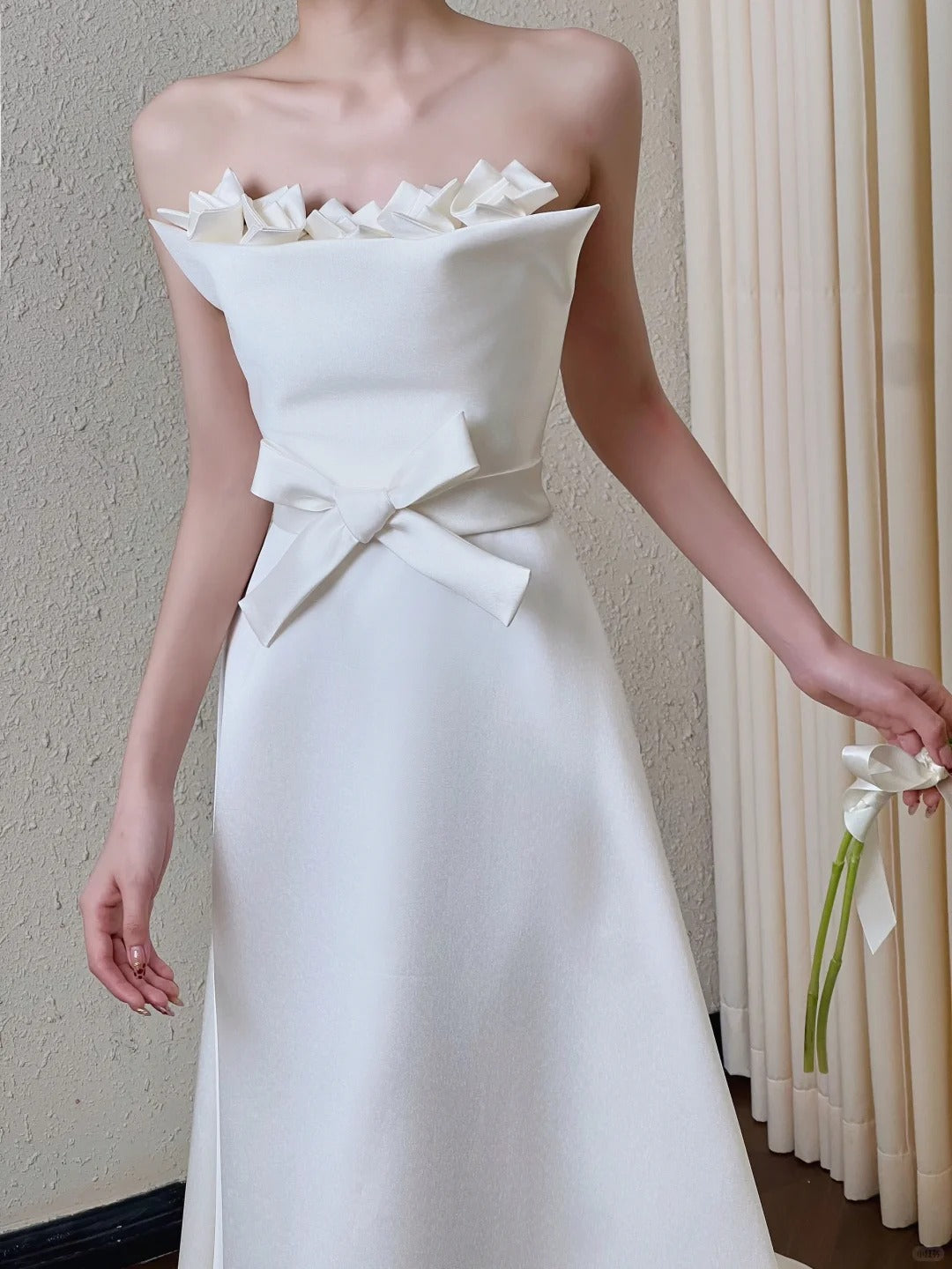 Elegant A-line Off-the-Shoulder Long Wedding Dress Satin White Prom Dress TH347