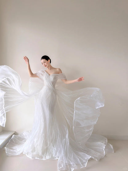 Elegant Sheath Off-the-Shoulder Long Wedding Dress Tulle White Prom Dress TH350