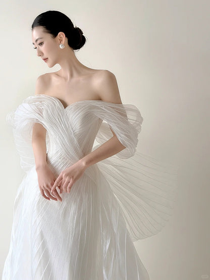 Elegant Sheath Off-the-Shoulder Long Wedding Dress Tulle White Prom Dress TH350