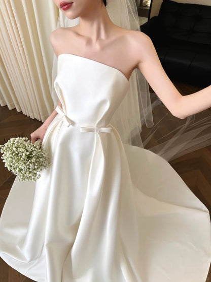 Elegant A-line Strapless Long Wedding Dress Satin White Prom Dress TH351