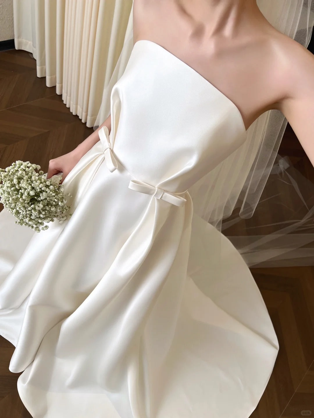 Elegant A-line Strapless Long Wedding Dress Satin White Prom Dress TH351
