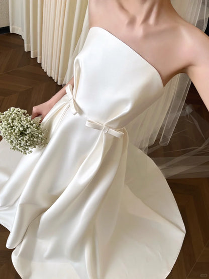 Elegant A-line Strapless Long Wedding Dress Satin White Prom Dress TH351