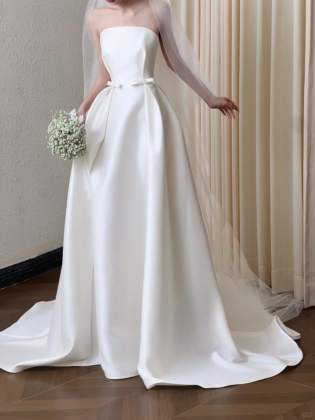Elegant A-line Strapless Long Wedding Dress Satin White Prom Dress TH351