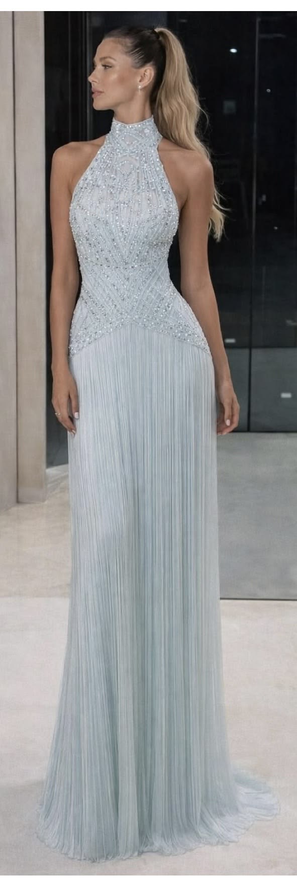Beautiful Sheath Halter Neck Blue Evening Dress Beaded Tulle Prom Dress TH359