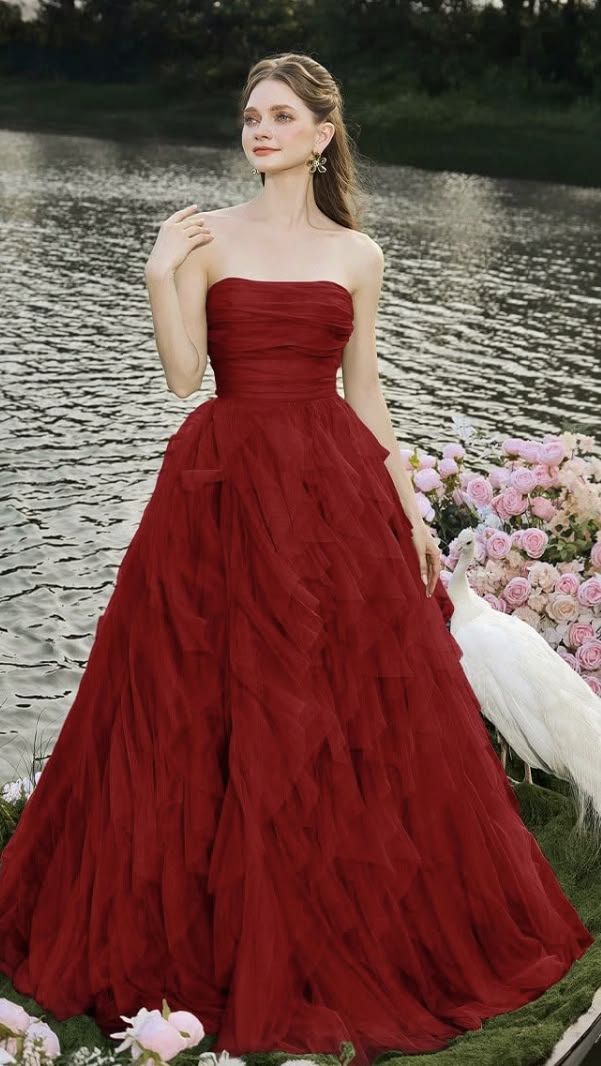 Beautiful A-line Off-the-Shoulder Red Evening Dress Cascade Tulle Prom Dress TH361