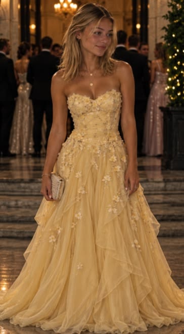 Beautiful A-line Sweetheart Yellow Evening Dress 3D fabric appliqué Tulle Prom Dress TH365