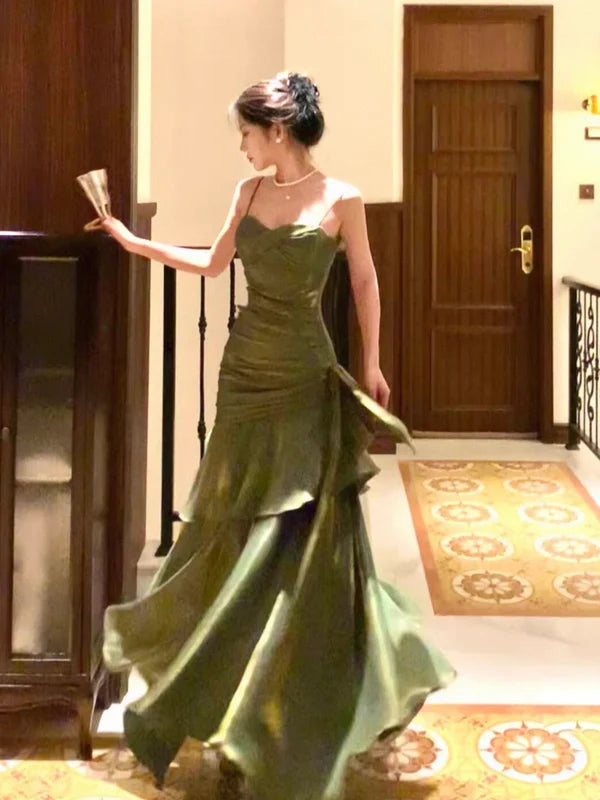 Mermaid Sweetheart Floor Length Silk Green Party Prom Dress TH367