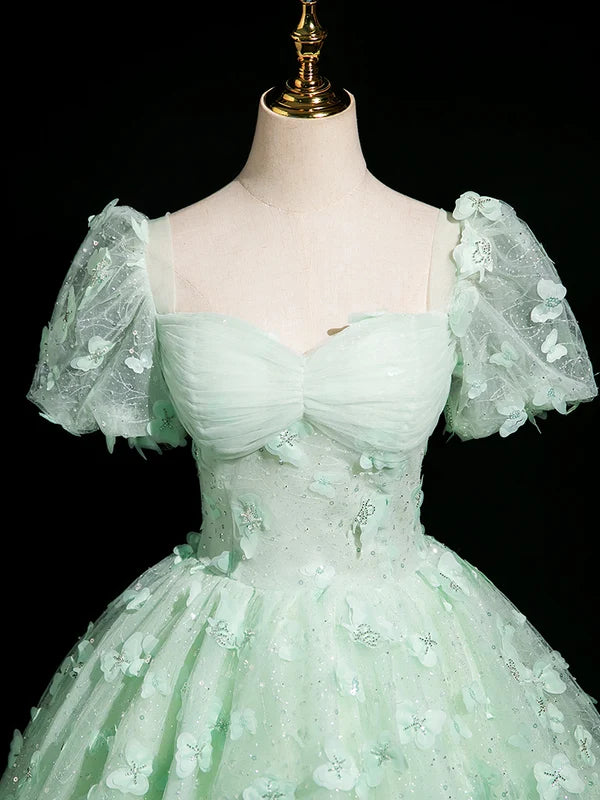 A-Line Puff Sleeves Tulle Lace Green Long Prom Dress, Green Long Formal Dress TH368
