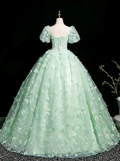 A-Line Puff Sleeves Tulle Lace Green Long Prom Dress, Green Long Formal Dress TH368