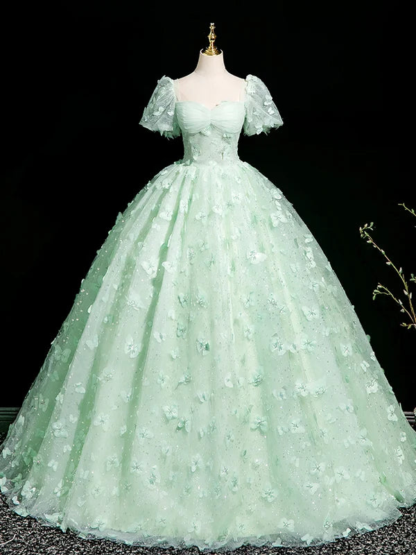 A-Line Puff Sleeves Tulle Lace Green Long Prom Dress, Green Long Formal Dress TH368