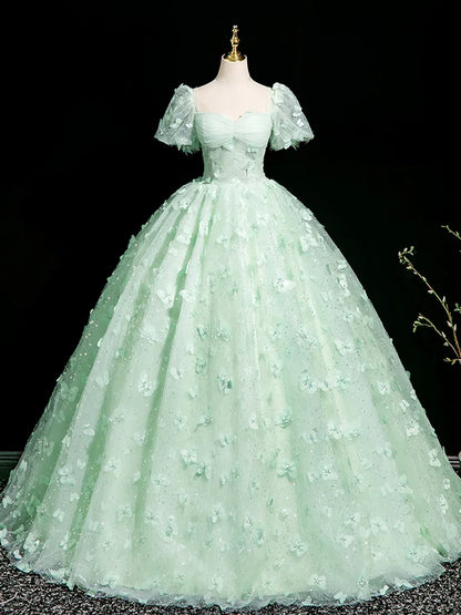 A-Line Puff Sleeves Tulle Lace Green Long Prom Dress, Green Long Formal Dress TH368