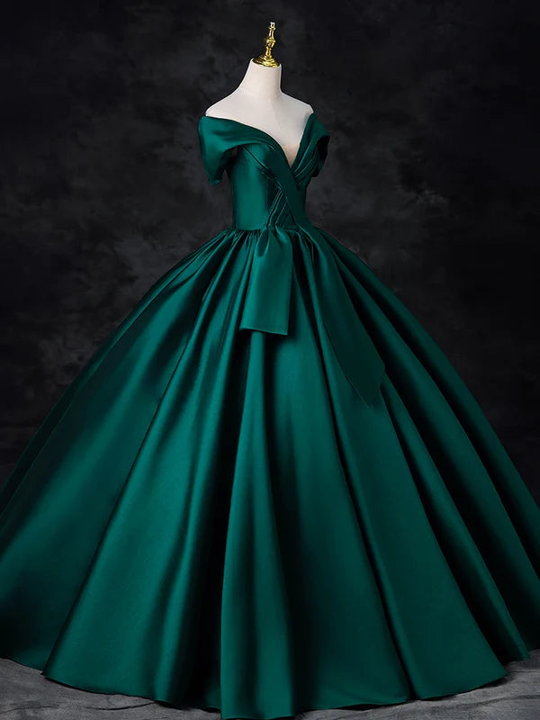 A-Line Off Shoulder Satin Green Long Prom Dress, Green Long Formal Dress TH369
