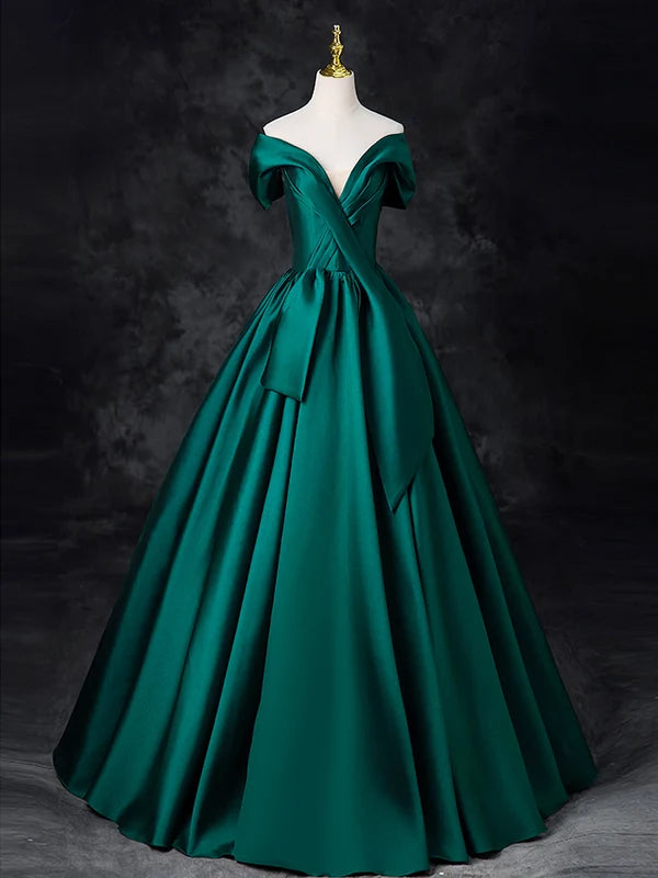 A-Line Off Shoulder Satin Green Long Prom Dress, Green Long Formal Dress TH369