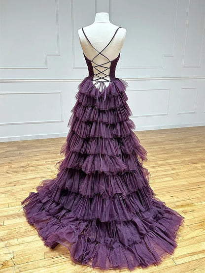 A-Line Backless Tulle Purple Long Prom Dress, Tulle Long Formal Dress TH370