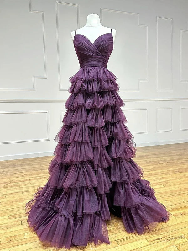 A-Line Backless Tulle Purple Long Prom Dress, Tulle Long Formal Dress TH370