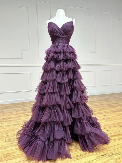 A-Line Backless Tulle Purple Long Prom Dress, Tulle Long Formal Dress TH370